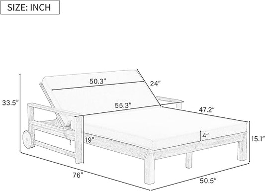 Polibi 4-Position Adjustable Outdoor Double Chaise Lounge Chair for 2 Persons, Wooden Sunbed Daybed with Beige Cushion and Wheels, Farmhouse-Styled