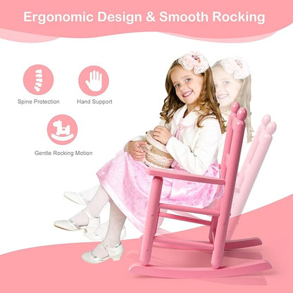 Outvita Outdoor Children's Rocking Chair, All-Weather Wooden Porch Rocker with High Backrest, Ideal for Garden, Yard, and Balcony, Patio Rocking Chair Suitable for Kids Ages 3-6(Pink)