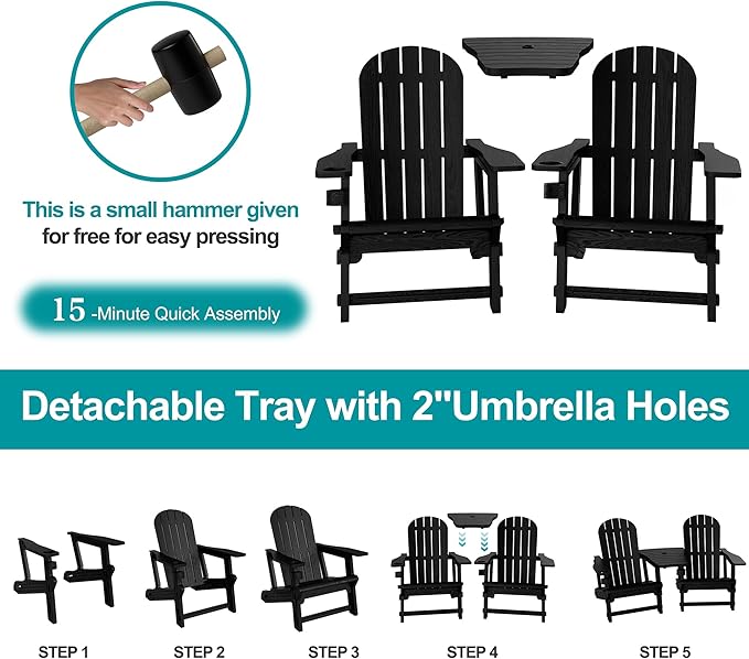 JY QAQA Outdoor Adirondack Chair Set of 2, All-Weather HDPE Patio Furniture with Detachable Table, Wood Texture & Cup Holder for Patio, Poolside, Garden, Black