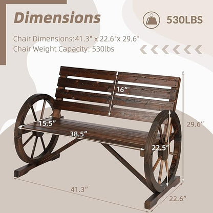 Wooden Wagon Wheel Bench, 2-Person Solid Wood Garden Bench, Rustic Wooden Seat Wagon Wheel Bench Patio Loveseat W/Slatted Backrest, Outdoor Garden Bench for Lawn Yard Porch Park