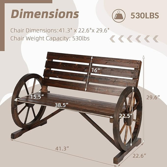 Wooden Wagon Wheel Bench, 2-Person Solid Wood Garden Bench, Rustic Wooden Seat Wagon Wheel Bench Patio Loveseat W/Slatted Backrest, Outdoor Garden Bench for Lawn Yard Porch Park