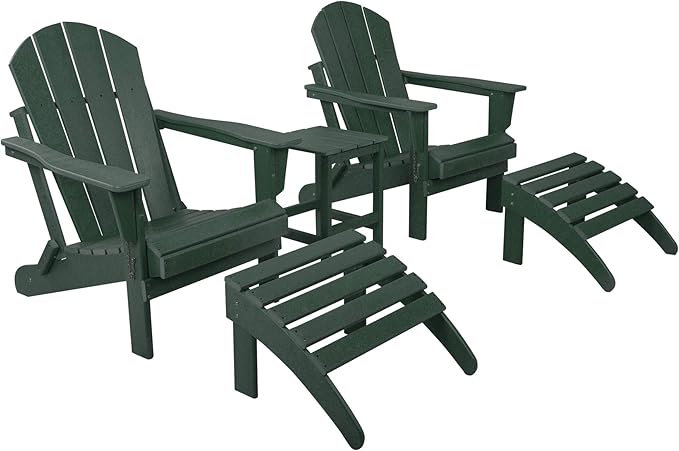WestinTrends Malibu Outdoor Lounge Chairs Set, 5-Pieces Adirondack Chair Set of 2 with Ottoman and Side Table, All Weather Poly Lumber Patio Lawn Folding Chair for Outside, Dark Green