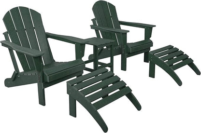 WestinTrends Malibu Outdoor Lounge Chairs Set, 5-Pieces Adirondack Chair Set of 2 with Ottoman and Side Table, All Weather Poly Lumber Patio Lawn Folding Chair for Outside, Dark Green