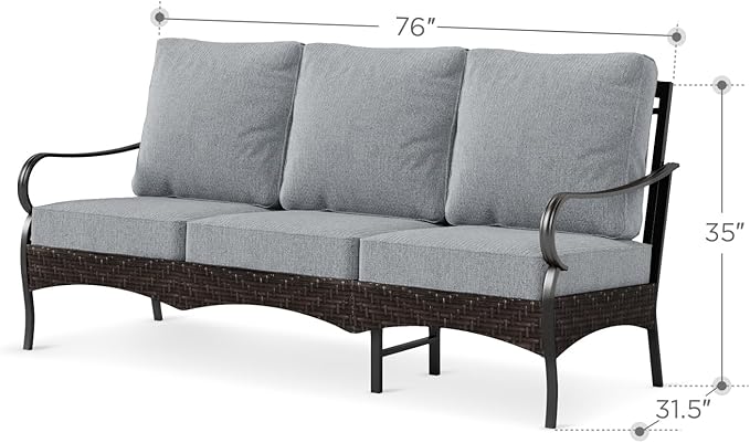 PHI VILLA Wicker & Metal Outdoor Patio Couch, 3-Seat Patio Sofa with Deep Seating for Front Porch, Deck, Balcony - Photo 2