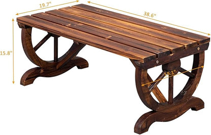 2-Person Rustic Garden Bench, Outdoor Wagon Wheel Wood Bench for Patio Backyard Deck, Carbonized Fir Wood Slat Seat Furniture with 660lbs Load Capacity, Brown, 38.6" L x 19.7" W x 15.8" H