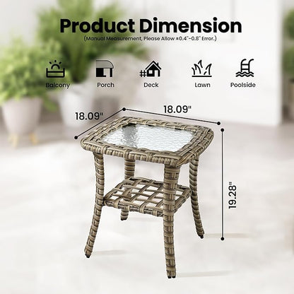 ovios Outdoor Side Table with Tempered Glass Top, Patio Wicker Rattan 2-Tier Storage Coffee End Tables for Porch Deck Balcony Garden Poolside (Mixed Brown-Small Size)