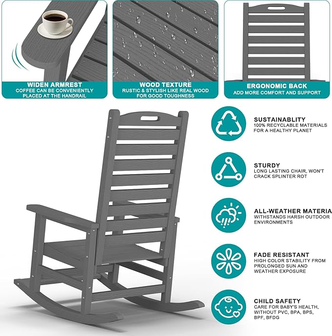 PLUUV Outdoor Rocking Chair Set of 2 with Removable Footboard for Adults, HDPE High Back Patio Rocking Chairs, 330lbs All Weather Porch Rocking Chairs for Outdoor & Indoor -Grey