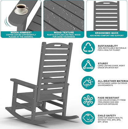 PLUUV Outdoor Rocking Chair Set of 2 with Removable Footboard for Adults, HDPE High Back Patio Rocking Chairs, 330lbs All Weather Porch Rocking Chairs for Outdoor & Indoor -Grey
