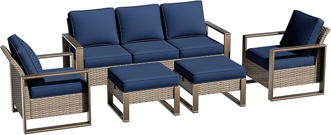5 Pieces Metal Wicker Patio Furniture Set - 75" Sofa, Two Armchairs and Two Ottomans - Photo 1