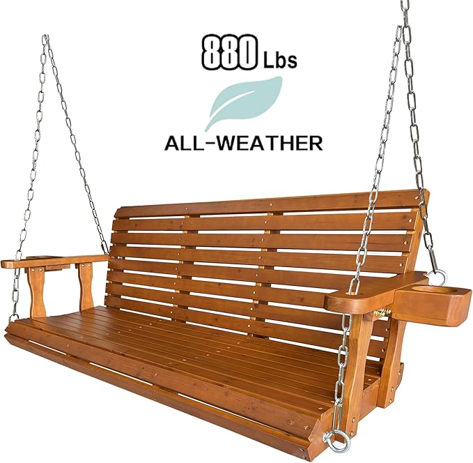 Wooden Porch Swing 3-Seater, Bench Swing with Cupholders, Hanging Chains and 7mm Springs, Heavy Duty 800 LBS - Photo 3
