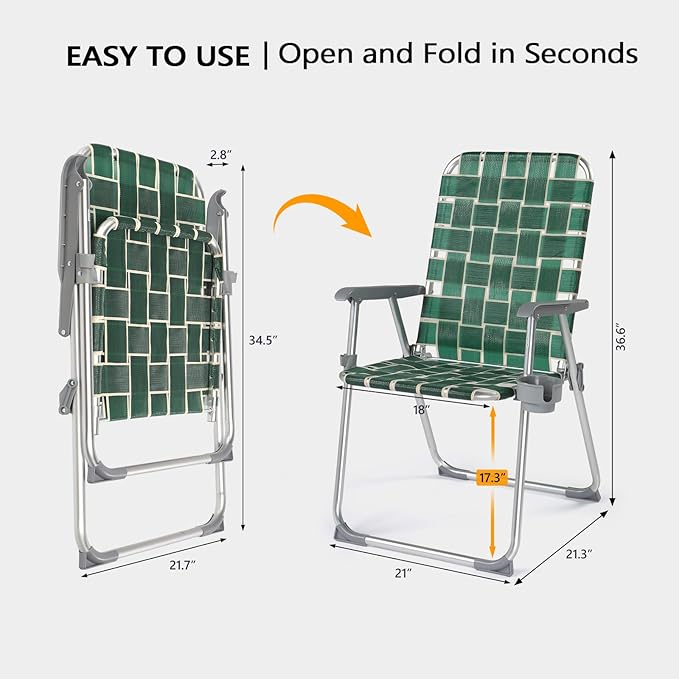 VINGLI Folding Aluminum Webbed Lawn Chairs with Detachable Cup Holder, High Beach Chair for Adults Heavy Duty - Photo 7