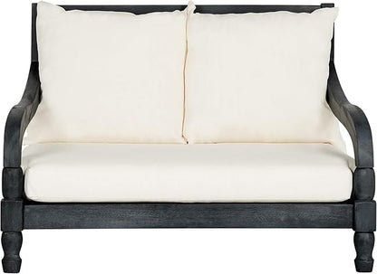 SAFAVIEH Outdoor Collection Pomona Dark Slate Grey Solid Wood/Beige Cushion Lounger Bench Sofa Loveseat (PAT6740K)