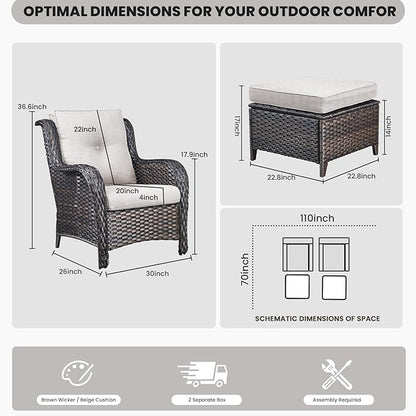 Belord Wicker Furniture 4 Pieces Outdoor Patio Furniture Set Patio Chairs with Ottomans Conversation Set for Porch Garden Deck Balcony Poolside