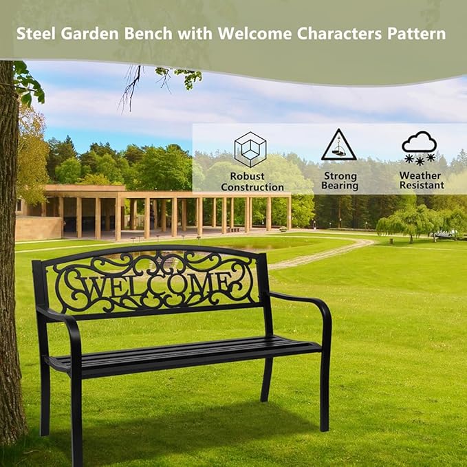 50" Outdoor Garden Bench Patio Park Bench, Cast Iron Park Benches for Park, Porch, Lawn, Balcony, Backyard, Garden Accessories,Welcome Design,Black