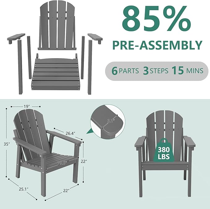 Adirondack Chair Set of 8, All Weather HDPE Fire Pit Chairs, Oversized Plastic Adirondack Chair for Outdoor, Balcony - Photo 3