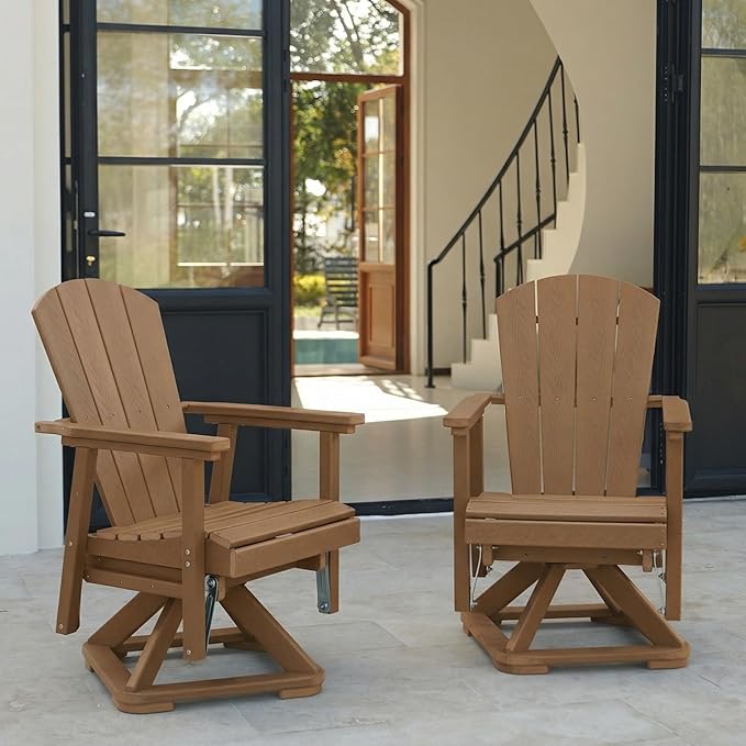 HDPE Swivel Glider Chair Outdoor, Weather Resistant Adirondack Outside Rocking Chair, Wooden Textured Outdoor Swivel Chair Set of 2 for Porch, Balcony, Poolside, Backyard (Teak)