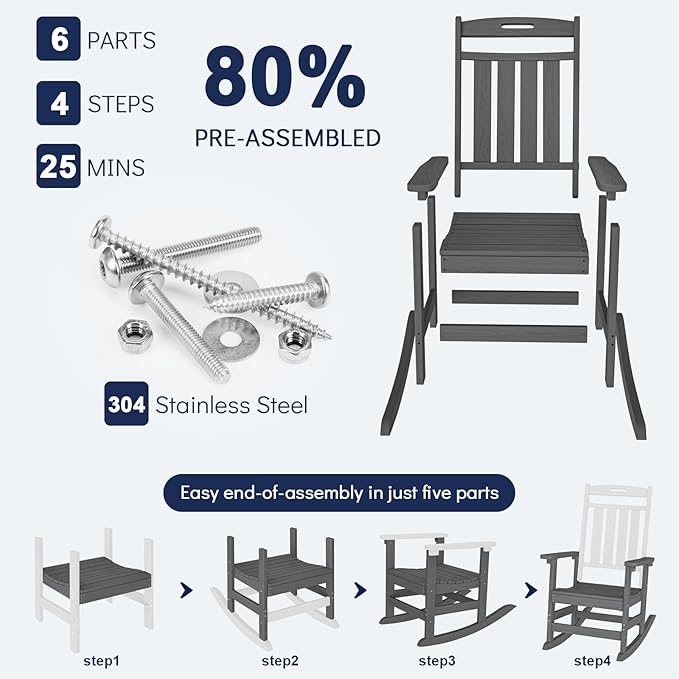 Plawdlik HDPE Rocking Chair,Oversized Outdoor Rocking Chair Set of 2,Patio Rocking Chair All Weather Resistant-Grey