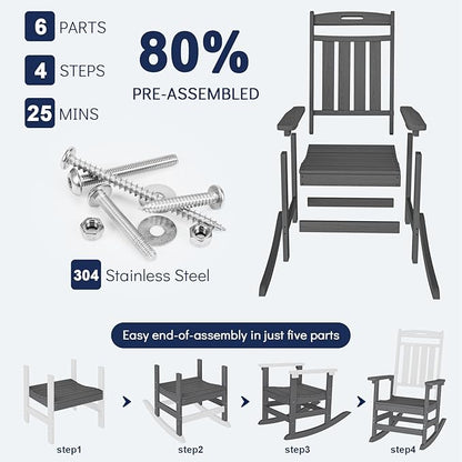 Plawdlik HDPE Rocking Chair,Oversized Outdoor Rocking Chair Set of 2,Patio Rocking Chair All Weather Resistant-Grey