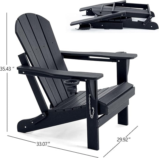 Folding Adirondack Chair, HDPE Outdoor Texture Lawn Chair with Reclining Back, Cup and Phone Holder - Comfortable Firepit Chair Weather Resistant for Patio or Backyard (Dark Black, Set of 2)