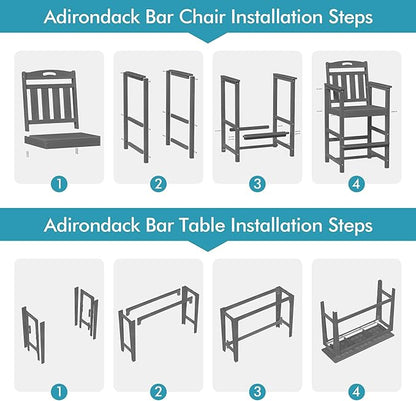 Ciokea 3 Pcs Outdoor Bar Height Table Set, 60" Extra Long Rectangle High Top Table and 2 Oversized Adirondack Chairs Set, Heavy-Duty All-Weather HDPE Patio Bar Set for Backyard Balcony Deck,Grey