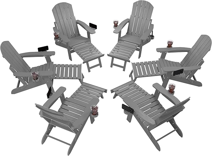 YEFU Adjustable Adirondack Chair with Retractable Ottoman Set of 6,Folding Adirondack Chair with 2 Cup-Holders, Outdoor Chairs with Footrest,Weather Resistant Fire Pit Chairs,for Patio Lawn(Grey)