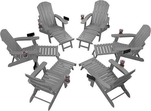 YEFU Adjustable Adirondack Chair with Retractable Ottoman Set of 6,Folding Adirondack Chair with 2 Cup-Holders, Outdoor Chairs with Footrest,Weather Resistant Fire Pit Chairs,for Patio Lawn(Grey)