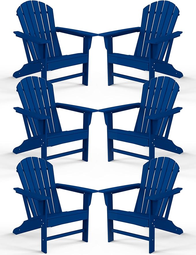 Farmhouse Adirondack Chair Set of 6, Poly Lumber Patio Chairs, Pre-Assembled Weather Resistant Outdoor Chairs for Pool, Deck, Backyard, Garden, Fire Pit Seating, Navy