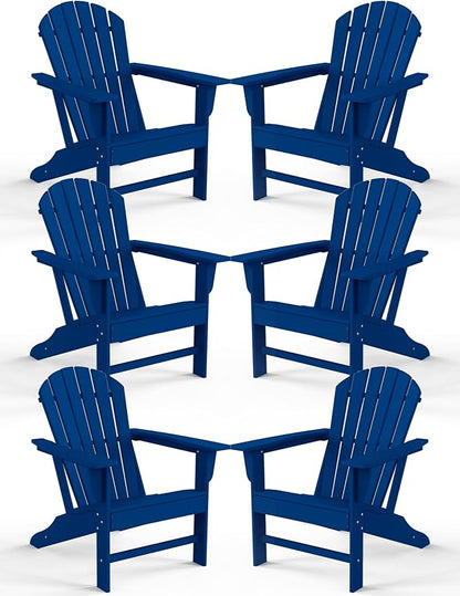 Farmhouse Adirondack Chair Set of 6, Poly Lumber Patio Chairs, Pre-Assembled Weather Resistant Outdoor Chairs for Pool, Deck, Backyard, Garden, Fire Pit Seating, Navy