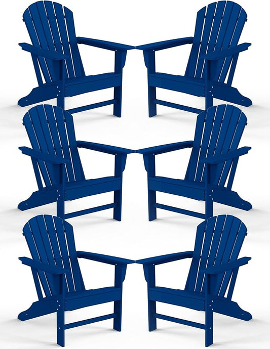 Farmhouse Adirondack Chair Set of 6, Poly Lumber Patio Chairs, Pre-Assembled Weather Resistant Outdoor Chairs for Pool, Deck, Backyard, Garden, Fire Pit Seating, Navy