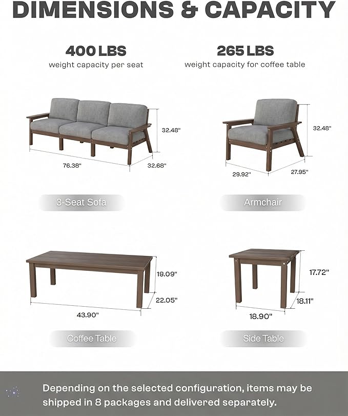 HDPE Patio Furniture Set with Cantilever Umbrella, Outdoor Couch with Washable Thick Gray Cushions & Tables, Outdoor Sectional Furniture for Deck, Lawn, Porch (Brown Frame)