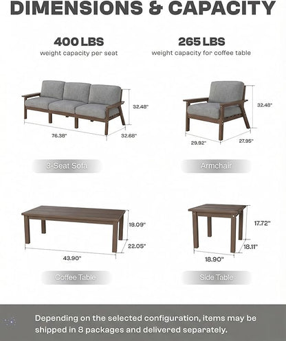 HDPE Patio Furniture Set with Cantilever Umbrella, Outdoor Couch with Washable Thick Gray Cushions & Tables, Outdoor Sectional Furniture for Deck, Lawn, Porch (Brown Frame)
