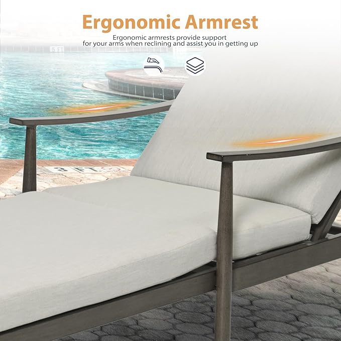 HAPPATIO Outdoor Chaise Lounge Set of 2, Aluminum Pool Lounge Chair with Adjustable Backrest, Cushion, Curved Armrest, and Side Table, Outdoor Lounge Chair for Beach, Yard, or Poolside (Grey)