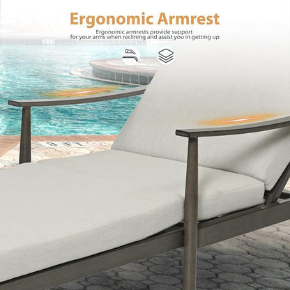 HAPPATIO Outdoor Chaise Lounge Set of 2, Aluminum Pool Lounge Chair with Adjustable Backrest, Cushion, Curved Armrest, and Side Table, Outdoor Lounge Chair for Beach, Yard, or Poolside (Grey)