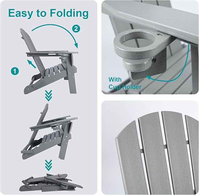 Folding Adirondack Chair, All-Weather HDPE Patio Chair with Cup Holder - Photo 4