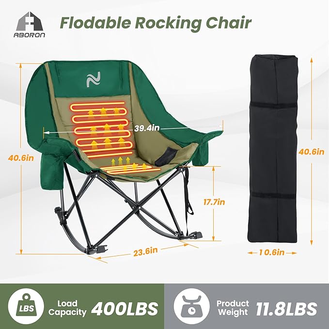 ABORON Oversized Rocking Camping Chair for Adults, Fully Padded Folding Outdoor Lawn Chair with Side Pocket, Portable Recliner Chair for Camp, Patio, Backyard, Supports 400 lbs
