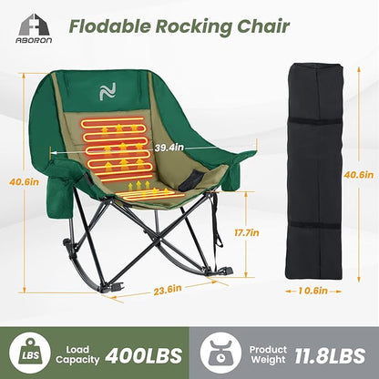 ABORON Oversized Rocking Camping Chair for Adults, Fully Padded Folding Outdoor Lawn Chair with Side Pocket, Portable Recliner Chair for Camp, Patio, Backyard, Supports 400 lbs