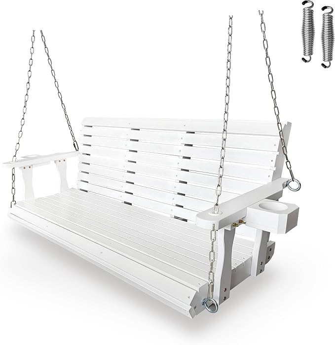 Wooden Porch Swing 3-Seater, High Backrest and Deep Seat, Bench Swing with Cupholders, Hanging Chains and 7mm Springs - Photo 1