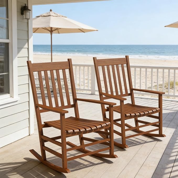 2Pcs Wooden Rocking Chairs, Wood Classic Slatted Patio Porch Rockers for Porches, Backyards, Poolside Balconies, Decks(Teak)
