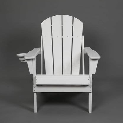 Folding Adirondack Chair with Dual Cup Holder, HDPE Composite Adirondack Chair with Wood Texture, Patio Chairs, Lawn Chairs, Outdoor Chair for Deck, Backyard, Garden (White)