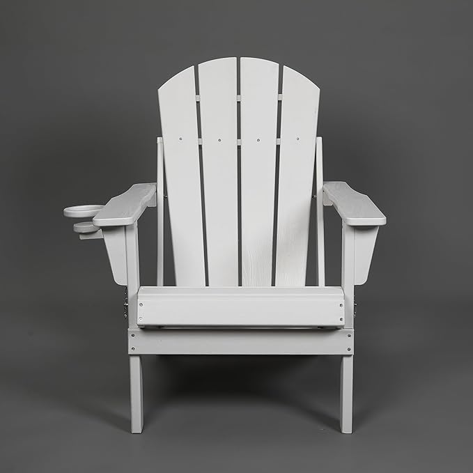 HDPE Folding Adirondack Chair with Cup Holder Outside, Composite Outdoor Chairs with Wood Texture, White - Photo 5