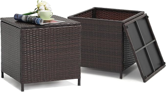 Verano Garden Outdoor Wicker Side Table Set of 2, Small Storage Rattan Wicker End Table, Square Resin Coffee Table for Garden Porch Deck Living Room Backyard