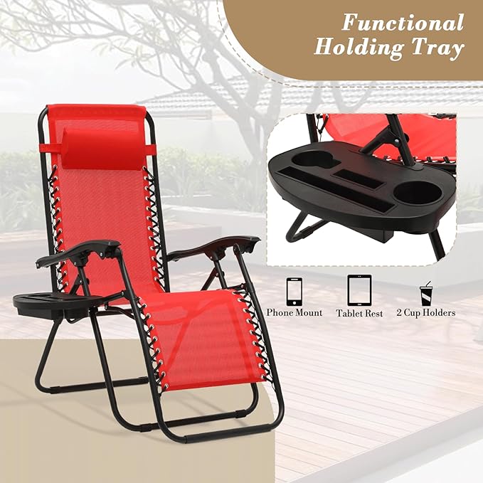 Athena Collection Zero Gravity Outdoor Lounge Chairs Set of 2, 25" Width Pool Lounge Lawn Chairs Reclining with Cup Holder, Outdoor Chaise for Beach Patio Backyard Outside, Red