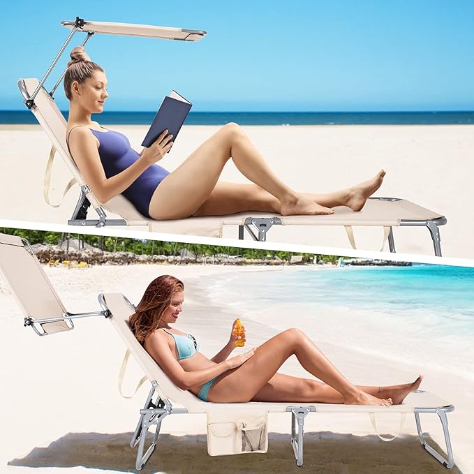 Goplus Tanning Chair, Foldable Beach Lounge Chair with 360°Canopy Sun Shade, Side Pocket - Photo 4