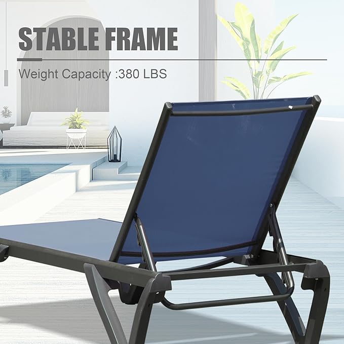 Domi Outdoor Lounge Chair Set of 2, Aluminum Patio Chaise Lounge with 5 Position Adjustable Backrest and Wheels - Photo 6