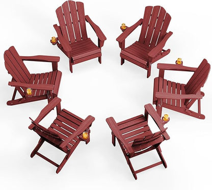 KINGYES Folding Adirondack Chair Set of 6, HDPE All-Weather Patio Chairs with Cup Holder, Wooden Textured Fire Pit Chairs for Poolside, Backyard, Deck, Red
