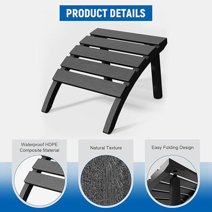 FONTOI Adirondack Ottoman, HDPE Plastic Adirondack Chair Footstool, All Weather Outdoor Footrest for Patio, Backyard, Lawn, Fire Pits, Black