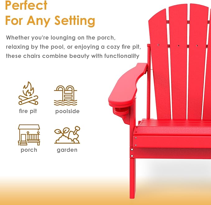 IVY&LANE Folding-Adirondack-Chair | HDPE Plastic | Outdoor Fire Pit Chairs with Cup Holder | Red | Poly | Weather Resistant | for Patio Deck Poolside Garden Beach