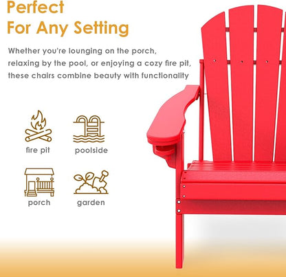 IVY&LANE Folding-Adirondack-Chair | HDPE Plastic | Outdoor Fire Pit Chairs with Cup Holder | Red | Poly | Weather Resistant | for Patio Deck Poolside Garden Beach