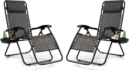 Tangkula Set of 2 Zero Gravity Chair, Folding Patio Lounge Chair Adjustable Outdoor Recliner with Cup Holder, Wide Armrest for Patio Garden Poolside Outdoor Yard Beach, Support 350 lbs (2, Grey)