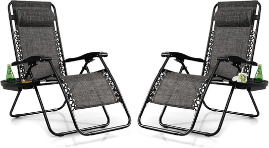 Tangkula Set of 2 Zero Gravity Chair, Folding Patio Lounge Chair Adjustable Outdoor Recliner with Cup Holder, Wide Armrest for Patio Garden Poolside Outdoor Yard Beach, Support 350 lbs (2, Grey)